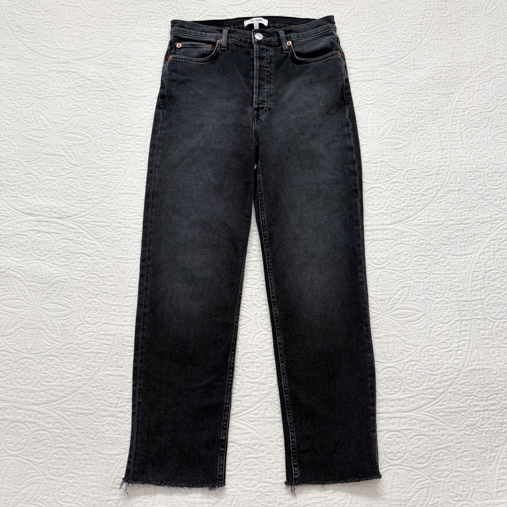 RE/DONE Comfort Stretch High-Rise Stove Pipe Jeans Raw Hem, Washed Noir Sz 29